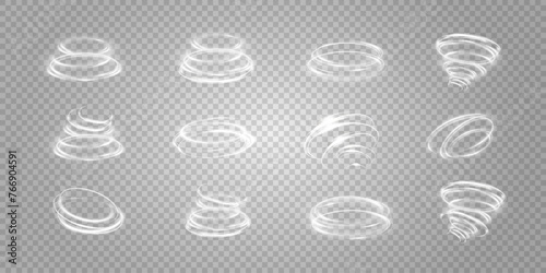 Glowing white spiral. Speed ​​abstract lines effect. Rotating shiny rings. Glowing circular lines. Glowing ring trail. Vector.	