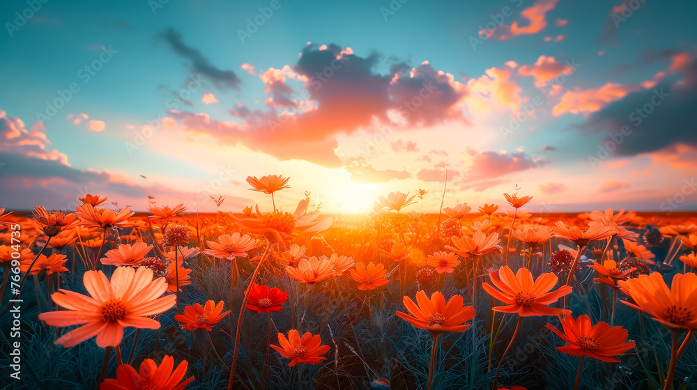 Field Of Flowers In Sunset Wildflowers Meadow Golden Hour Glow Mountain And Cloudy Sky Background