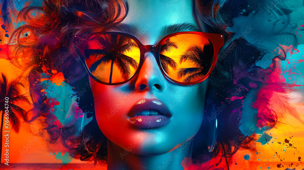 Retro Woman with Sunglasses Paper  Collage Art Summer Tropical Palm Tree Travel  Pop Art Background