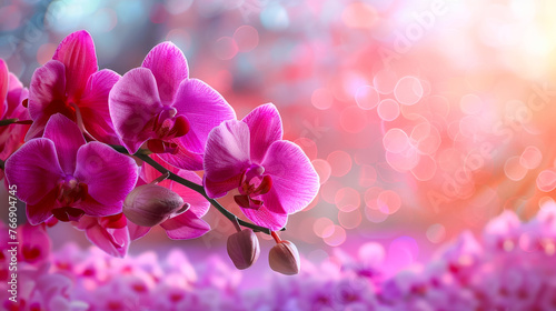 Pink Orchid Flowers And  Water Dew Droplets, Orchids Branch With Mock Up Background © KAI