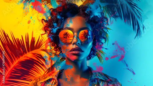 Retro Woman with Sunglasses Paper  Collage Art Summer Tropical Palm Tree Travel  Pop Art Background