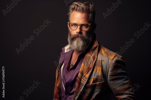 Portrait of a handsome mature man with long gray beard and mustache wearing glasses. Studio shot.
