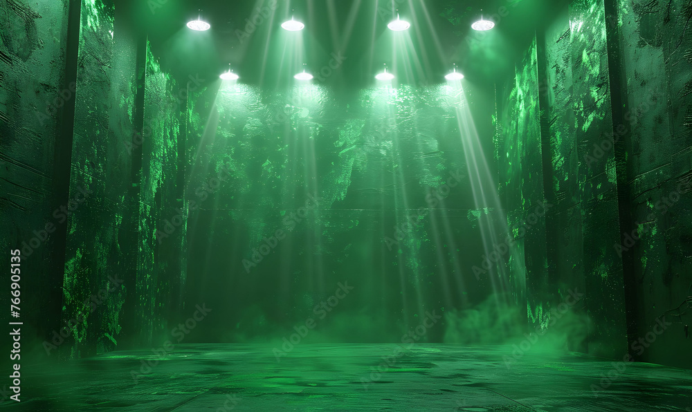 Dynamic green stage with spotlight and mist for epic performances background