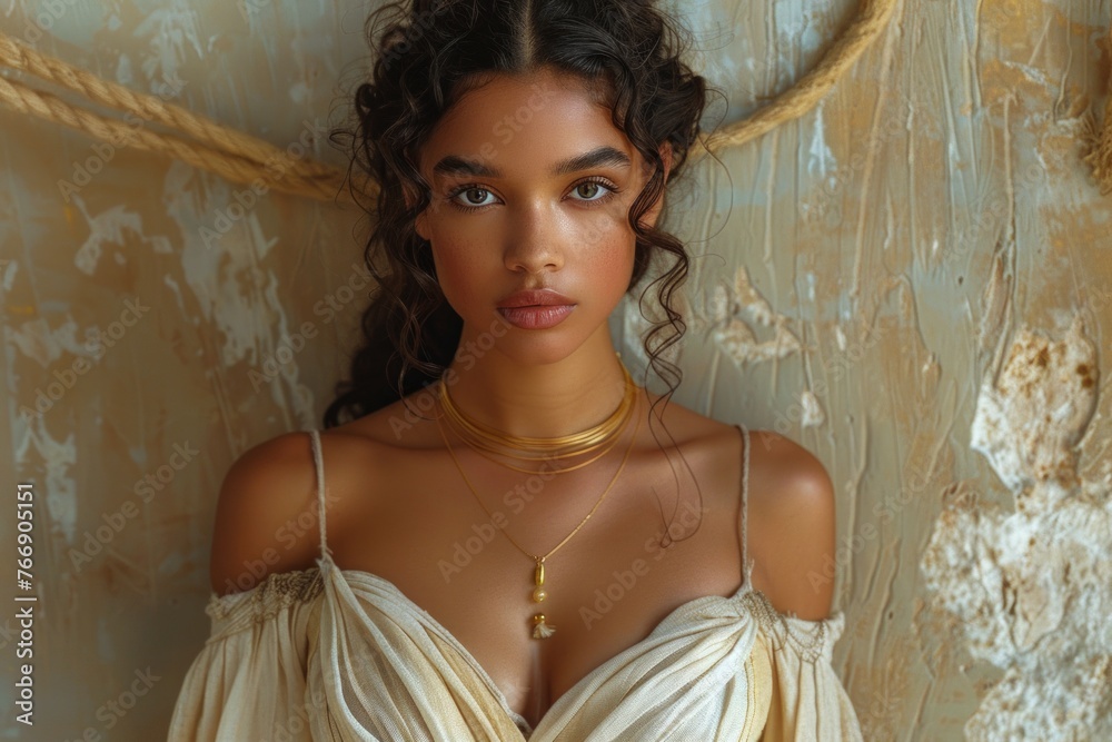 beautiful depiction of black latina greek or roman godess with a white dress on neutral background .  - obrazy, fototapety, plakaty 
