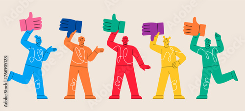 Set of diverse people giving review rating holding thumbs up and down. Colorful vector illustration