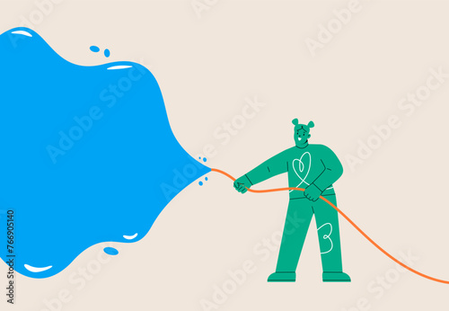 Woman watering with hose during summer activity festival. Colorful vector illustration