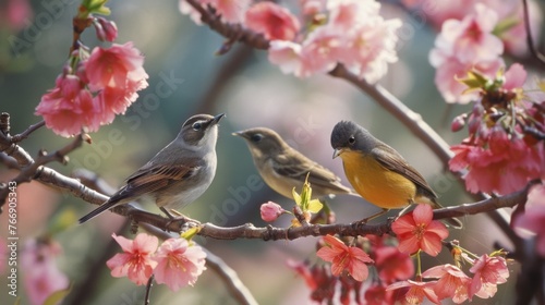 Springtime Gathering of Birds Among Cherry Blossoms