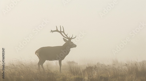 Red Deer (Cervus elaphus) stag in morning mist.