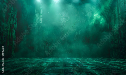 Dynamic green stage with spotlight and mist for epic performances background