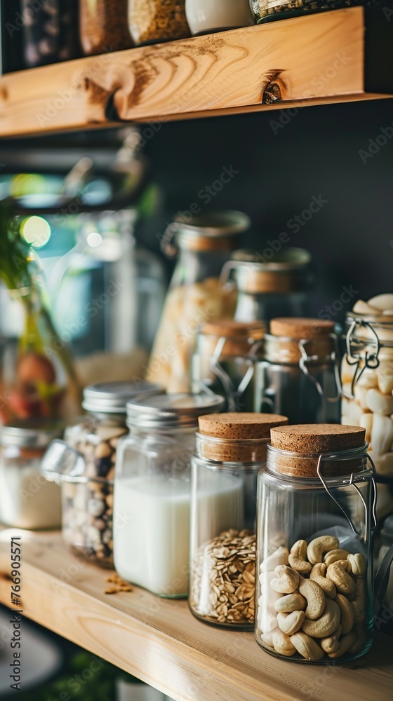 Kitchen shelves with glass jars of milk and almonds, near a window. Generated AI.