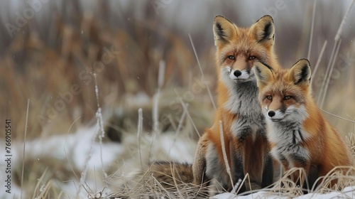 Two Red foxes sitting on the grass in winter.