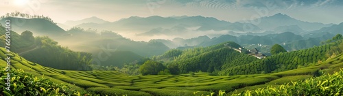 A panoramic view of the lush green tea plantations landscape, banner style