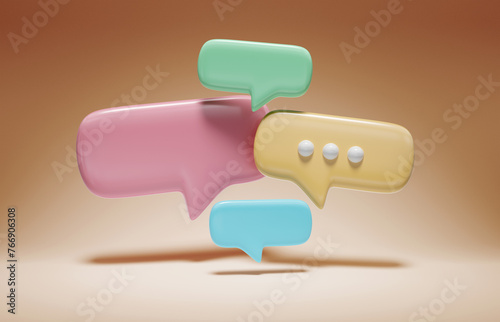 Minimalist blue red green and yellow speech bubbles talk icons floating over orange background. Modern conversation or social media messages with shadow. 3D rendering