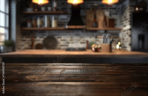 Blurred kitchen interior with empty wooden table for product display presentation background, dark brown color theme