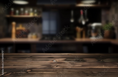 Blurred kitchen interior with empty wooden table for product display presentation background  dark brown color theme