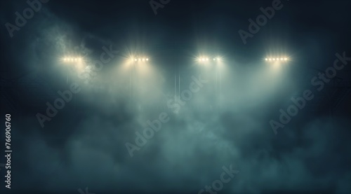 Dark foggy background with stadium lights shining through the smoke, banner design template for sports events