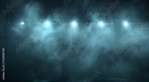 Dark foggy background with stadium lights shining through the smoke, banner design template for sports events
