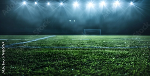 Dark background with stadium lights shining down on the green grass of an empty football field