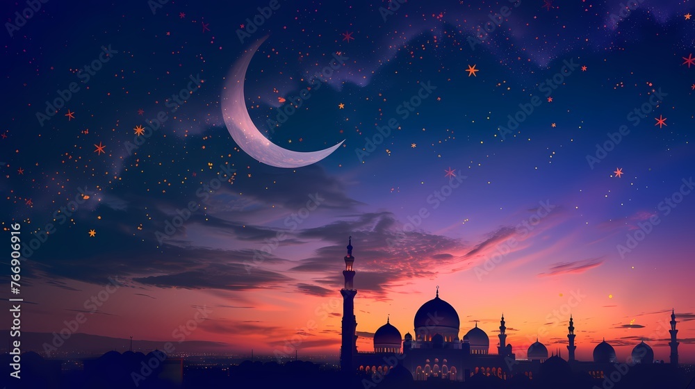 A stunning scene of a crescent moon over a mosque silhouette, adorned with delicate Ramadan decorations, conveying the warmth of Ramadan Mubarak.