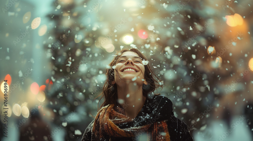 Woman smiling amidst a gentle snowfall in the city. Woman smiling amidst a gentle snowfall in the city.