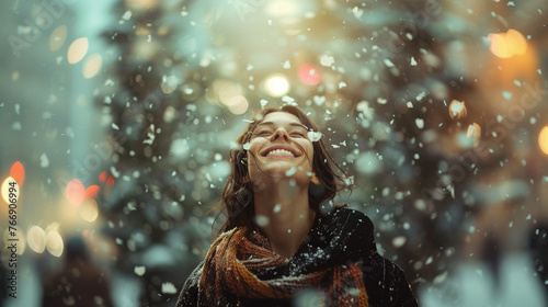 Woman smiling amidst a gentle snowfall in the city.