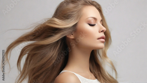 Portrait of young beautiful woman with gorgeous healthy dark blonde long hair 