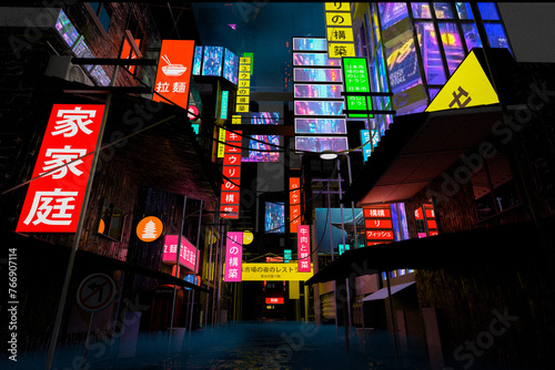 Vibrant Urban Nightscape. bustling city street illuminated by colorful neon signs. dark buildings serve as backdrop, creating lively and modern atmosphere. 3d rendering