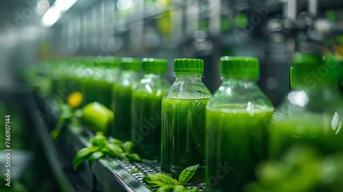 A facility is continuously producing green vegetable juice bottles green healthy lifestyle and space, Generative AI.