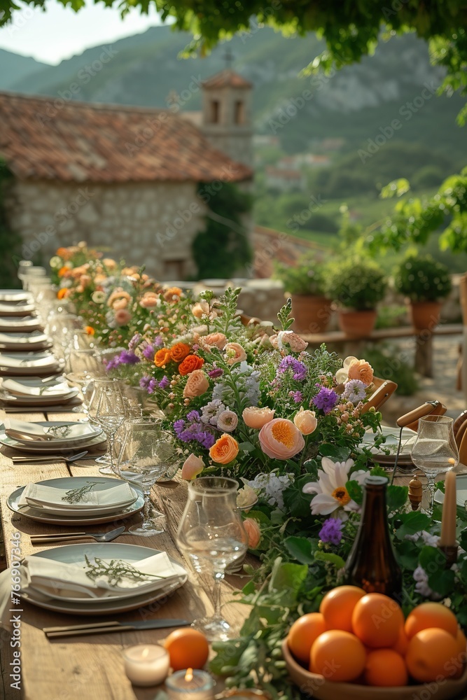 Outdoor dining setup with floral centerpiece on a rustic table. Generated AI.