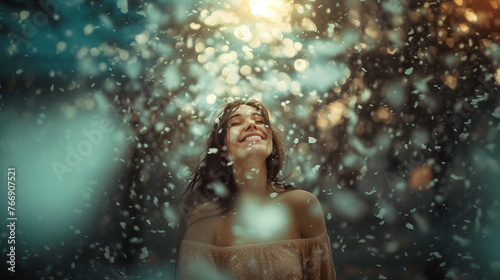  Woman reveling in a shower of flower petals, radiant with joy.