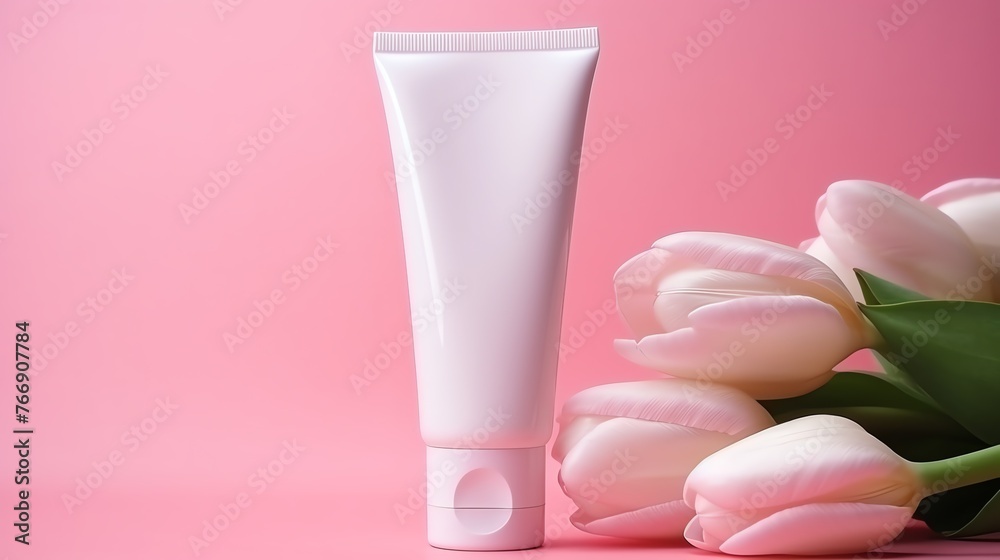 a white tube of cream next to pink tulips a white tube of cream next to pink tulips
