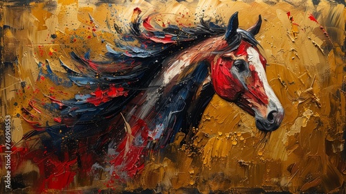 Abstract painting, gold, horse, wall art, modern artwork, paint strokes, paint spots, knife painting. Large stroke oil painting, mural, art wall.