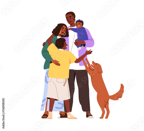 Happy family hugging. African-American mother, father, kids and dog. Black pe...