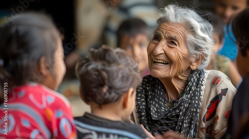A smiling elderly woman sharing heartfelt Ramadan stories with a group of captivated children, passing down traditions.