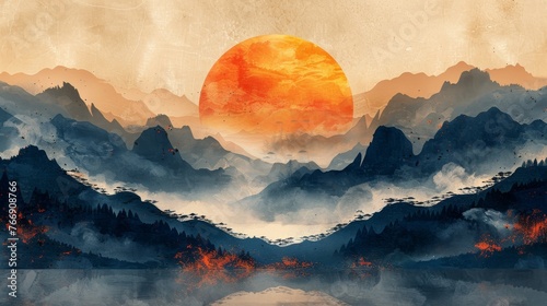 A background of abstract art incorporating Chinese wind wallpaper, ink wash, modern Chinese style, landscape painting, golden brushstrokes, paintings, posters and cards. photo