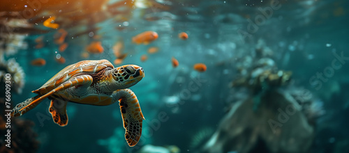  underwater landscape with sea turtle, copy space
