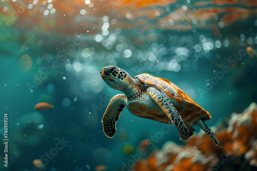 
underwater landscape with sea turtle, copy space
