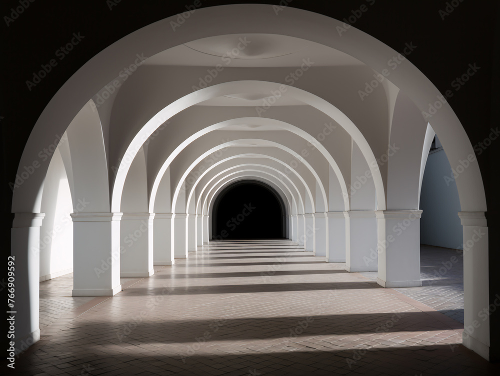 a white archway with arches and a tile floor
