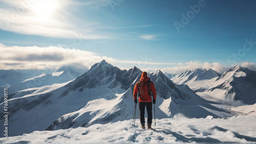 Hiker standing on the top of icy peak and looking at majestic view of wild unapproachable mountain range under snow. Adventure in nature concept. 