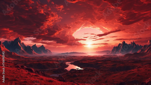 A red landscape with mountains and a red sky