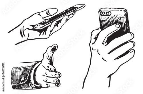 Graphical set of  hands holding smartphone and   approval gesture of hand, vector illustration. Ink pen drawing, technology. Business concept	