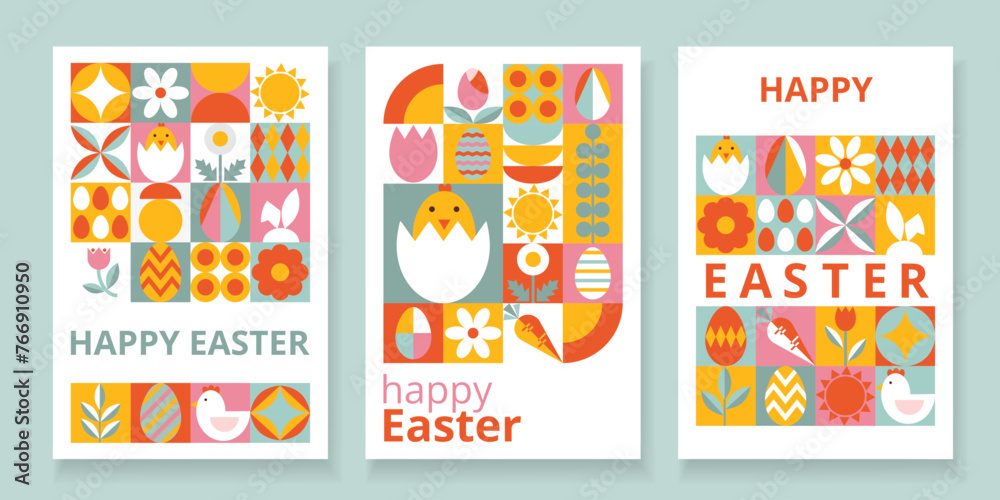 Collection 3 multicolored greeting posters for Happy Easter. Trendy design with simple geometric shapes. Stylized eggs, bunny, flowers, nestling. Template for card, poster, flyer, banner, cover