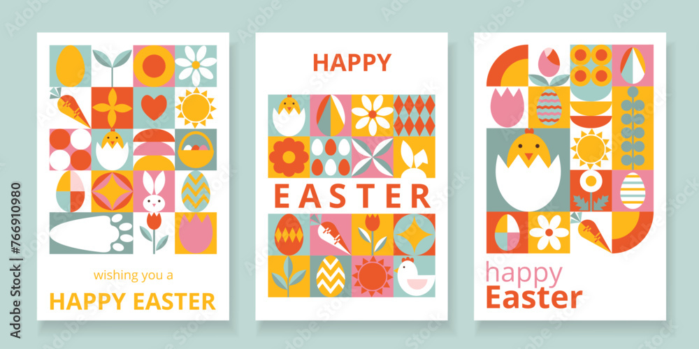 Collection 3 multicolored celebration posters for Happy Easter. Trendy design with geometric forms and typography.. Template for card, poster, flyer, banner, cover