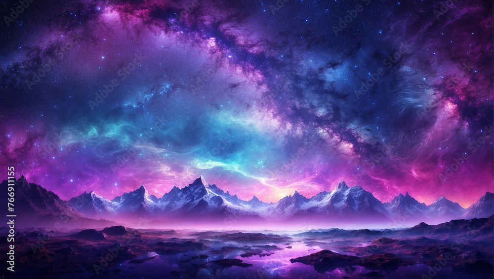 A purple and blue starry night sky with a mountain range in the foreground