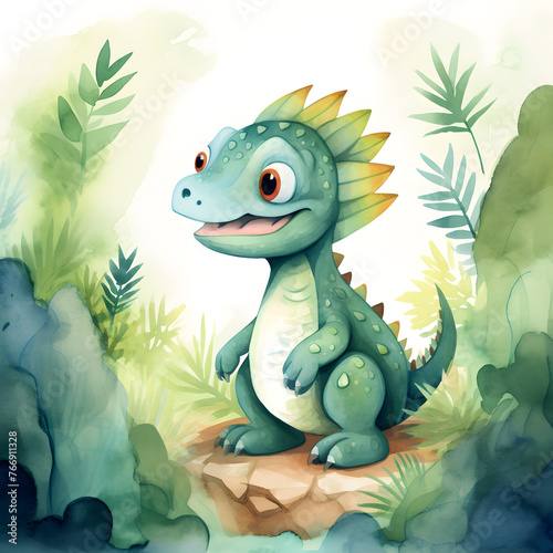 Green dinosaur cartoon character Illustration in watercolor style. © EEKONG