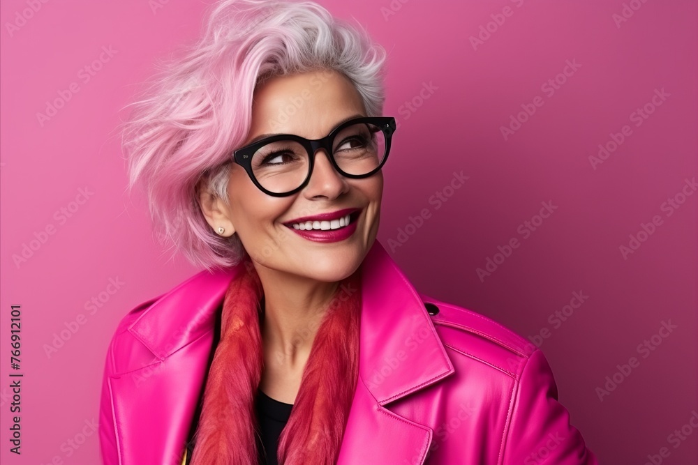 Portrait of a beautiful woman with pink hair and glasses over pink background