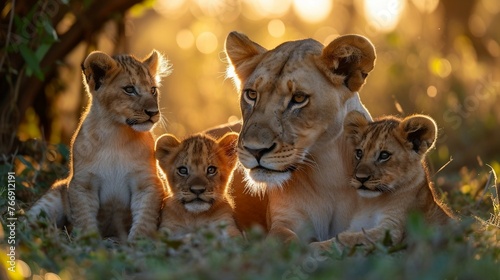 A lioness interacting with her playful cubs. AI generate illustration
