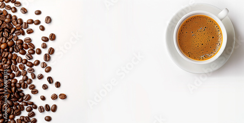 cup of coffee with beans and a copy space for text. 