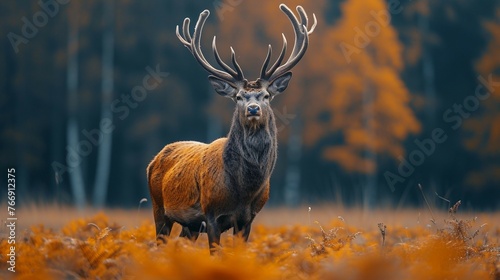 A majestic deer with impressive antlers standing proudly in a serene woodland setting. AI generate illustration