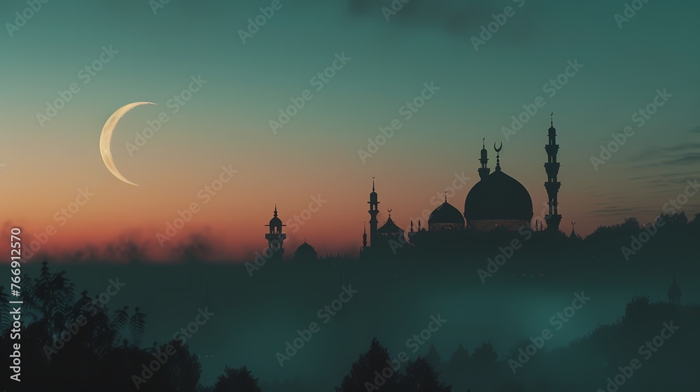 A serene image of a masjid silhouette with a crescent moon overhead, symbolizing the sacredness of Ramadan.